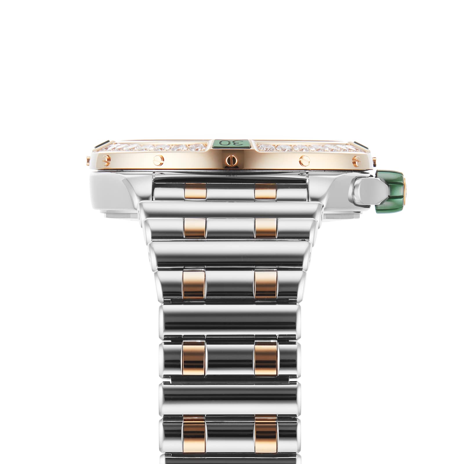 A close-up side view of the Breitling Super Chronomat Automatic 38, showcasing its rose gold and stainless steel case, diamond-set bezel, two-tone metal band, green crown, and gold and diamond accents.