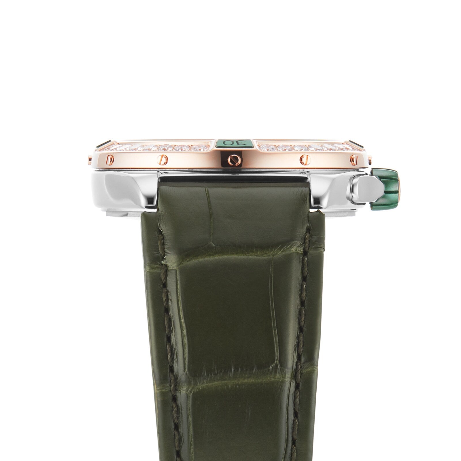 Side view of the Breitling Super Chronomat Automatic 38 with a green alligator leather strap, rose gold bezel, and green crown, featuring the Breitling 17 calibre movement, displayed against a white background.