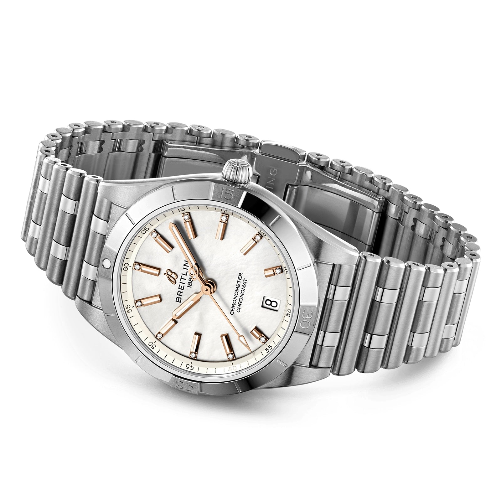 The Breitling Chronomat Automatic 36 is a stainless steel wristwatch with a white dial, gold hour markers, date display at 3 o’clock, and stainless steel bracelet, shown on a white background.