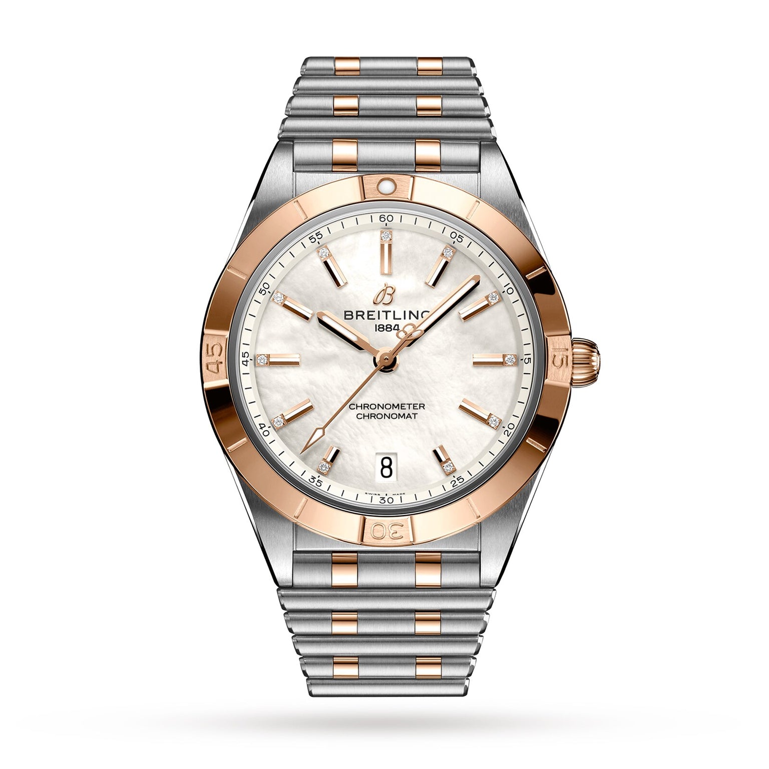 The Breitling Chronomat Automatic 36 features a two-tone silver and rose gold band, mother-of-pearl dial, diamond hour markers, and a date display at 6 oclock.