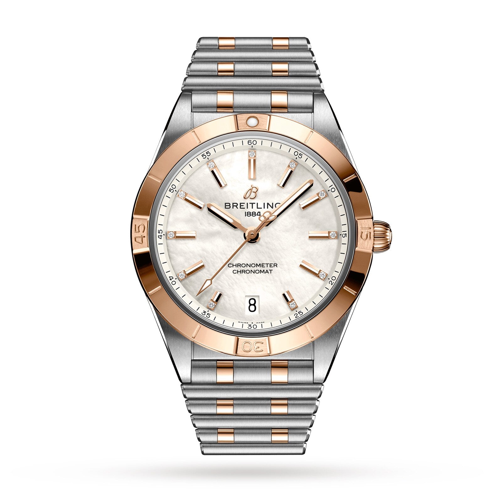 The Breitling Chronomat Automatic 36 features a two-tone silver and rose gold band, mother-of-pearl dial, diamond hour markers, and a date display at 6 oclock.