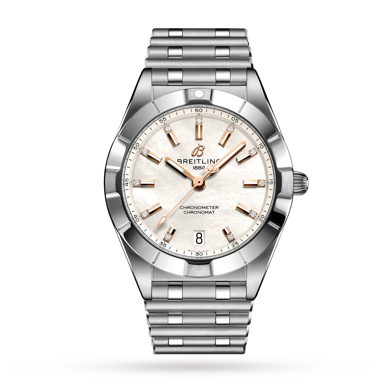 The Breitling Chronomat 32 features a stainless steel case and bracelet, a white dial with gold-tone hour markers and hands, plus a date display at 6 o’clock.