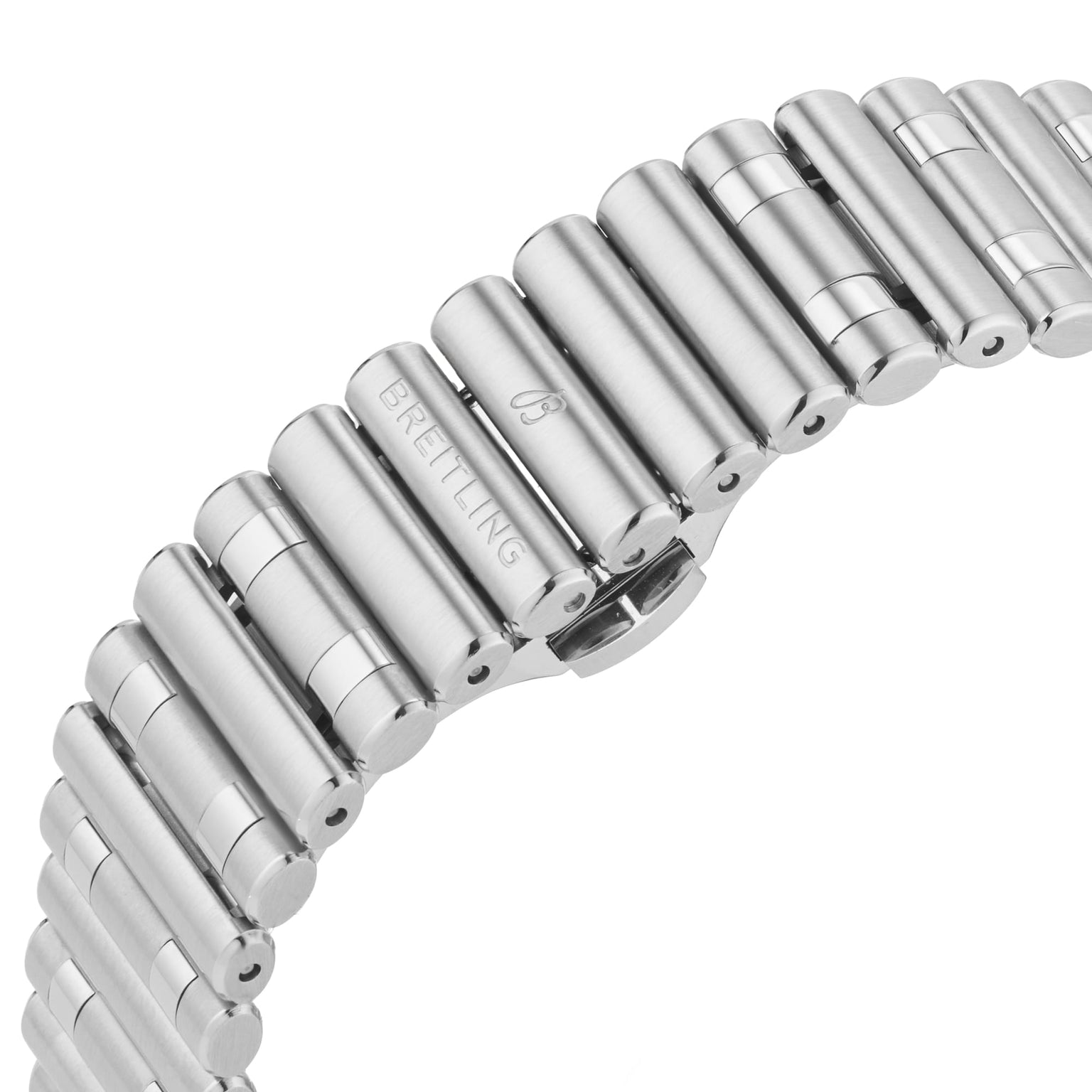 Close-up of a stainless steel Breitling Chronomat 32 bracelet featuring cylindrical links and a clasp engraved with the Breitling logo.