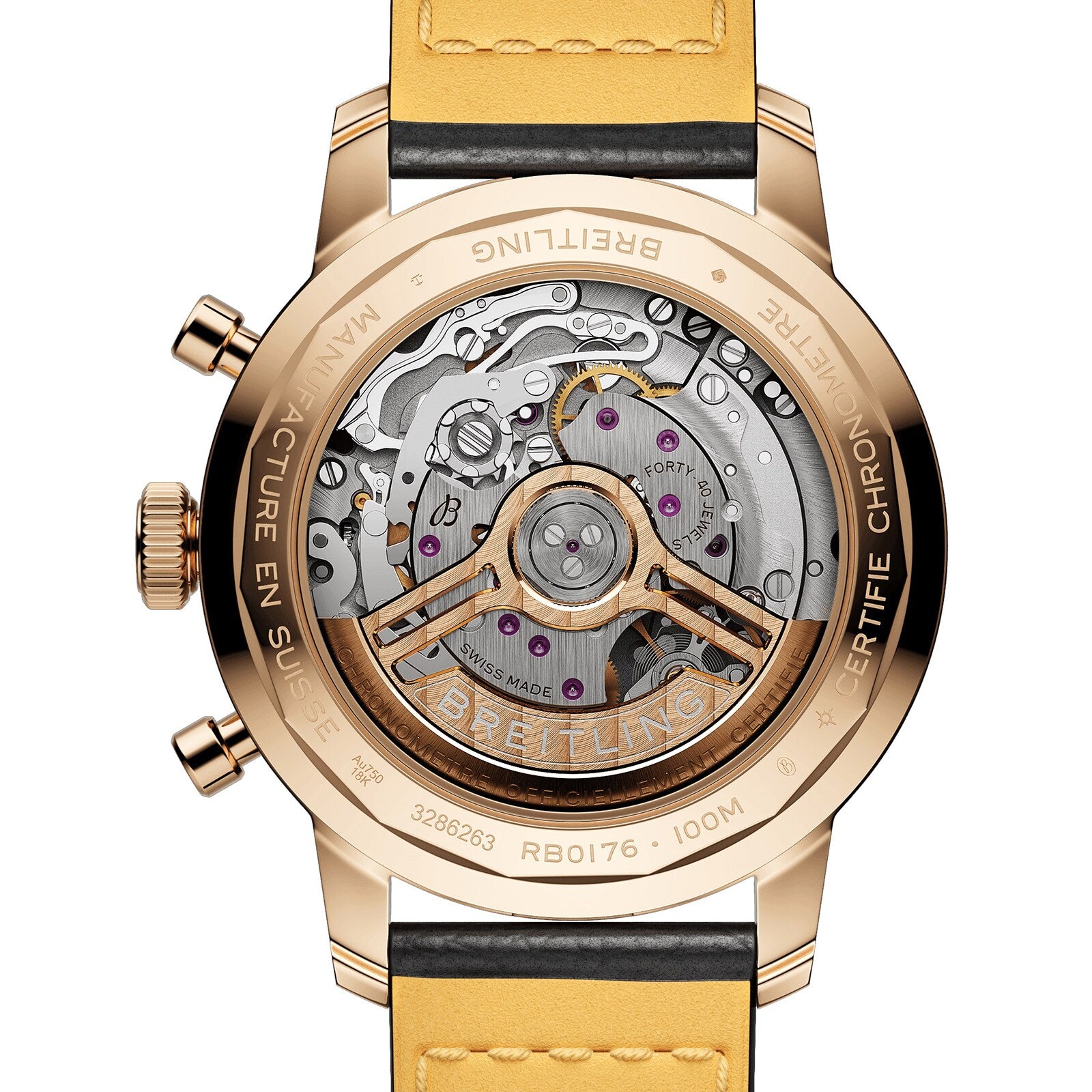 Close-up of the Breitling Top Time B01’s transparent case back, revealing its intricate automatic movement and gold accents.