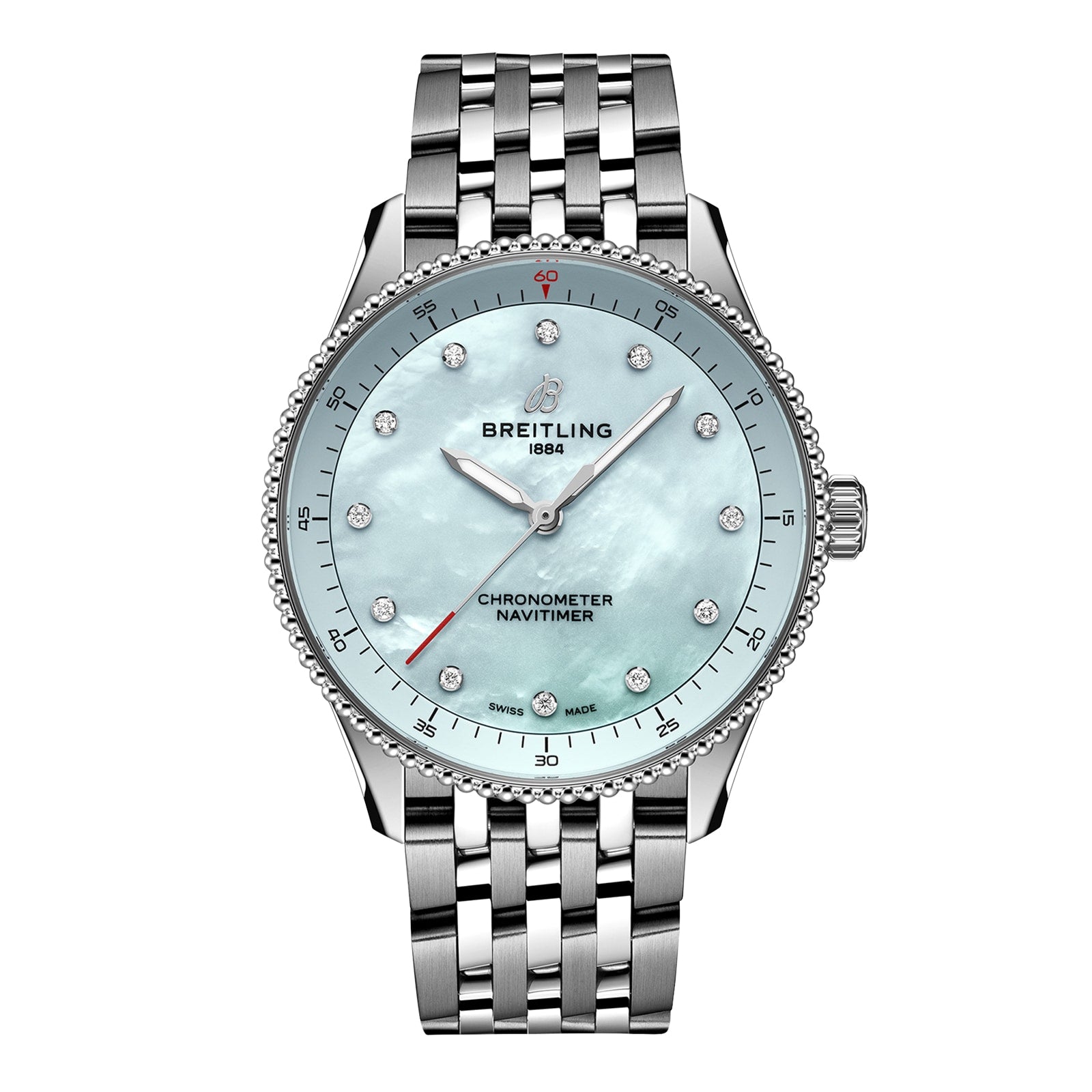 The Breitling Navitimer Automatic GMT 41 is a silver watch featuring a blue mother-of-pearl dial with diamond hour markers.