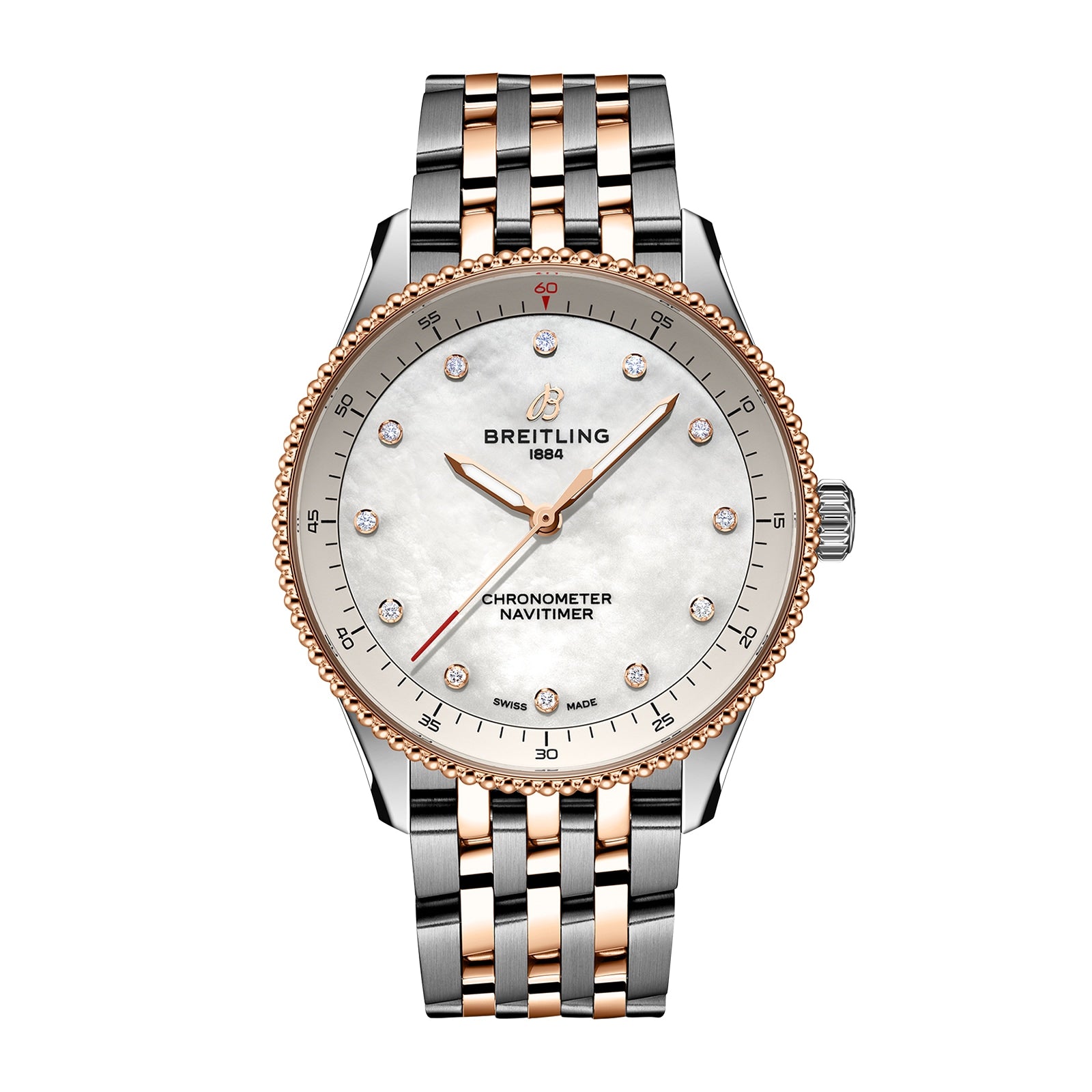 The Breitling Navitimer 32 features SuperQuartz™ movement, a two-tone bracelet, mother-of-pearl dial with diamond hour markers, gold bezel, and three hands.