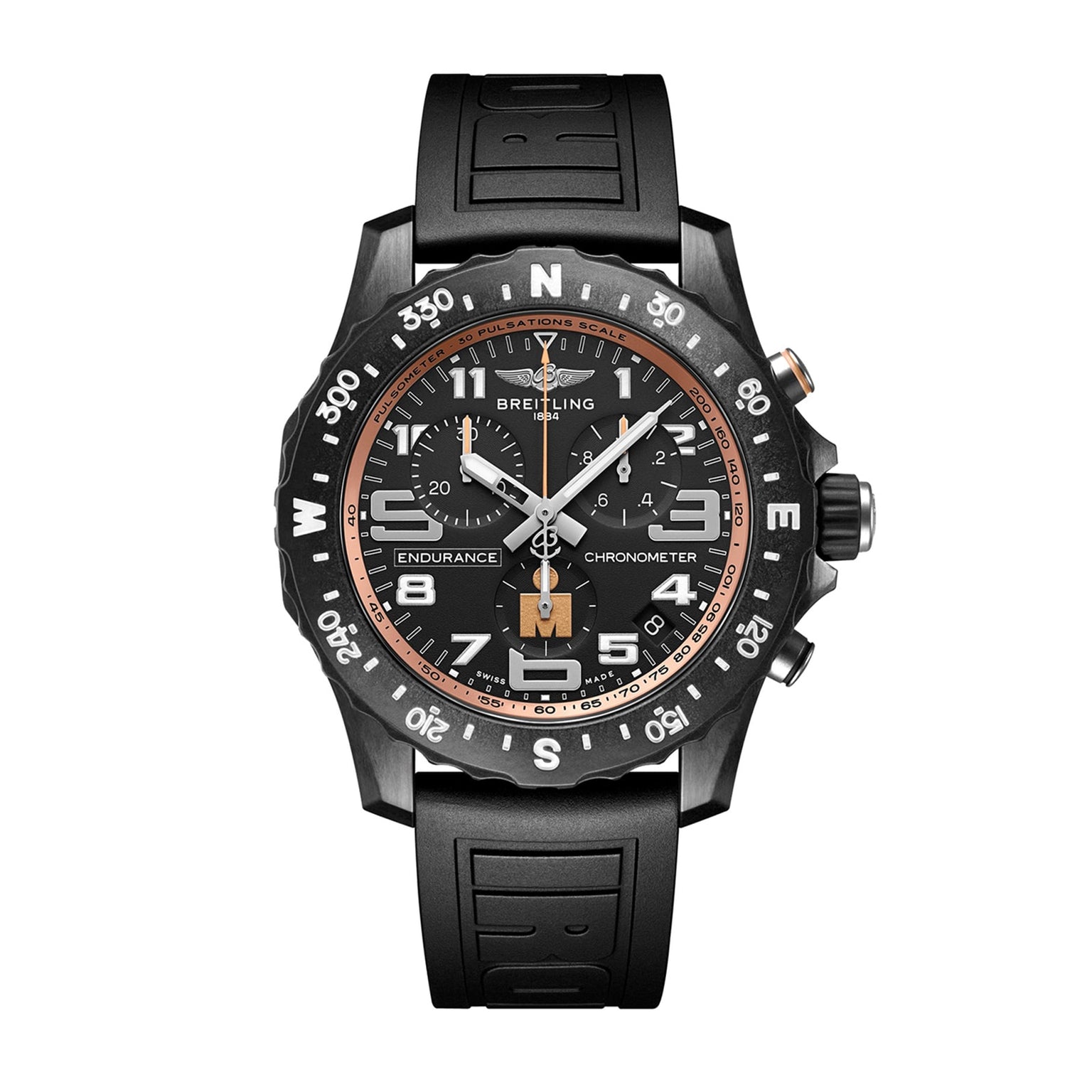 The Breitling Endurance Pro 44 IRONMAN® Finisher is a black athleisure watch with a black dial, orange accents, rubber strap, compass bezel, and a lightweight Breitlight® case.