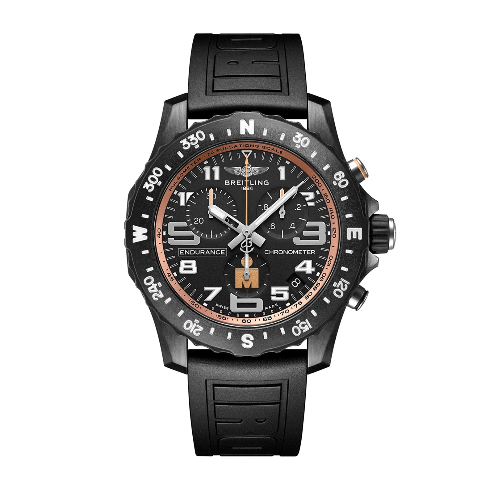 The Breitling Endurance Pro 44 IRONMAN® Finisher is a black athleisure watch with a black dial, orange accents, rubber strap, compass bezel, and a lightweight Breitlight® case.