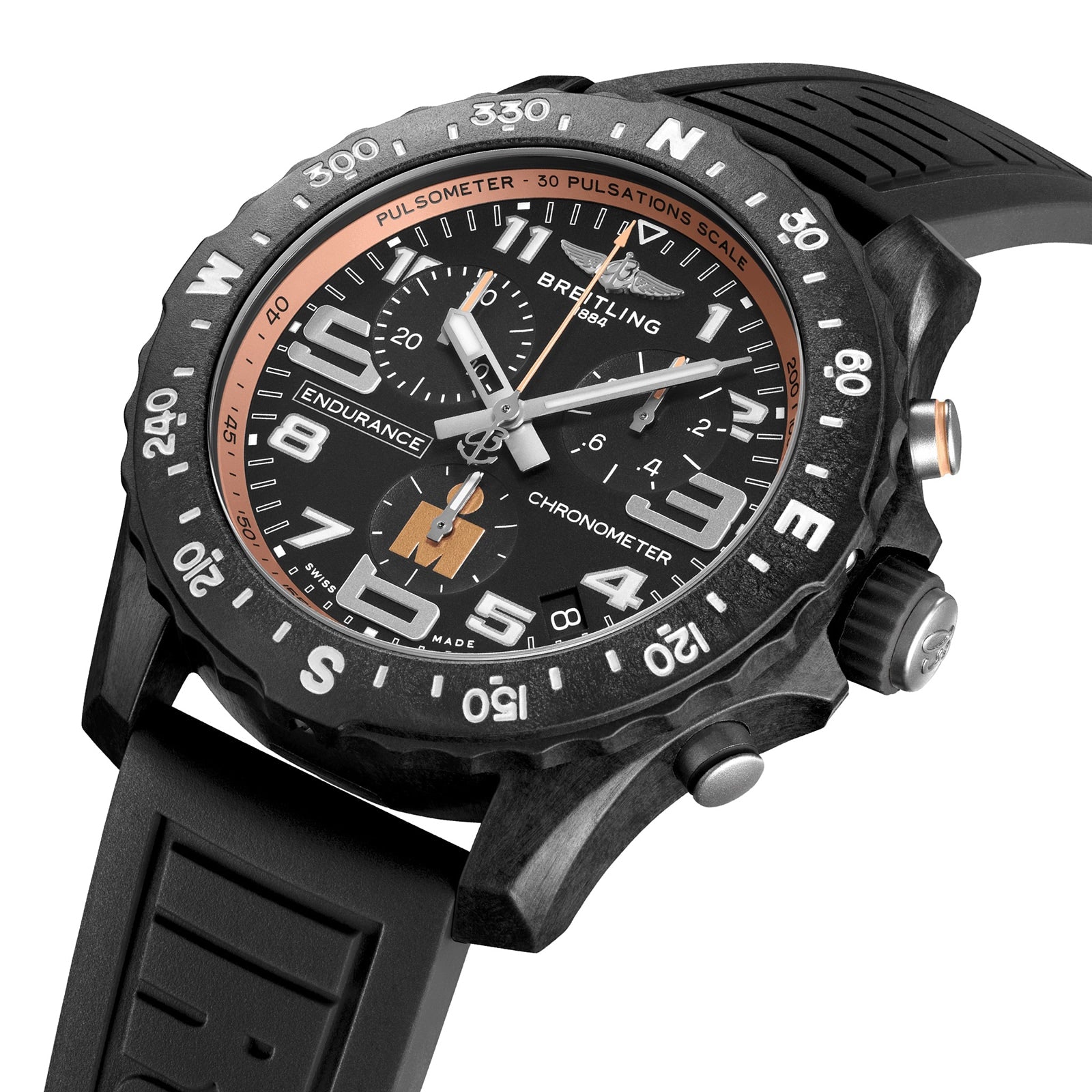 The Breitling Endurance Pro 44 IRONMAN® Finisher watch features a black dial, orange pulsometer scale, large white numerals, and a durable Breitlight® case with a black rubber strap.