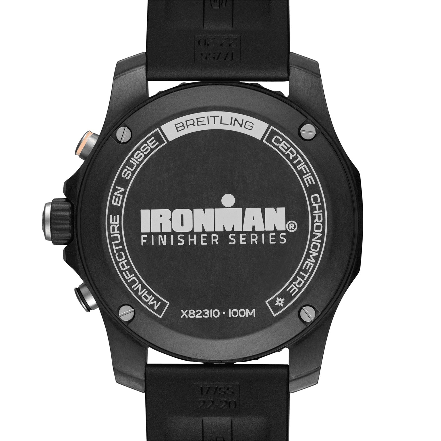 Back view of the Breitling Endurance Pro 44 IRONMAN® Finisher watch in black, showcasing engraved branding, certification details, and 100m water resistance in lightweight Breitlight®.