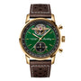 Breitling Top Time B21 Ford Mustang: Gold-tone watch with green dial, brown perforated leather strap, racing chronograph features, and visible tourbillon inspired by vintage dashboards.