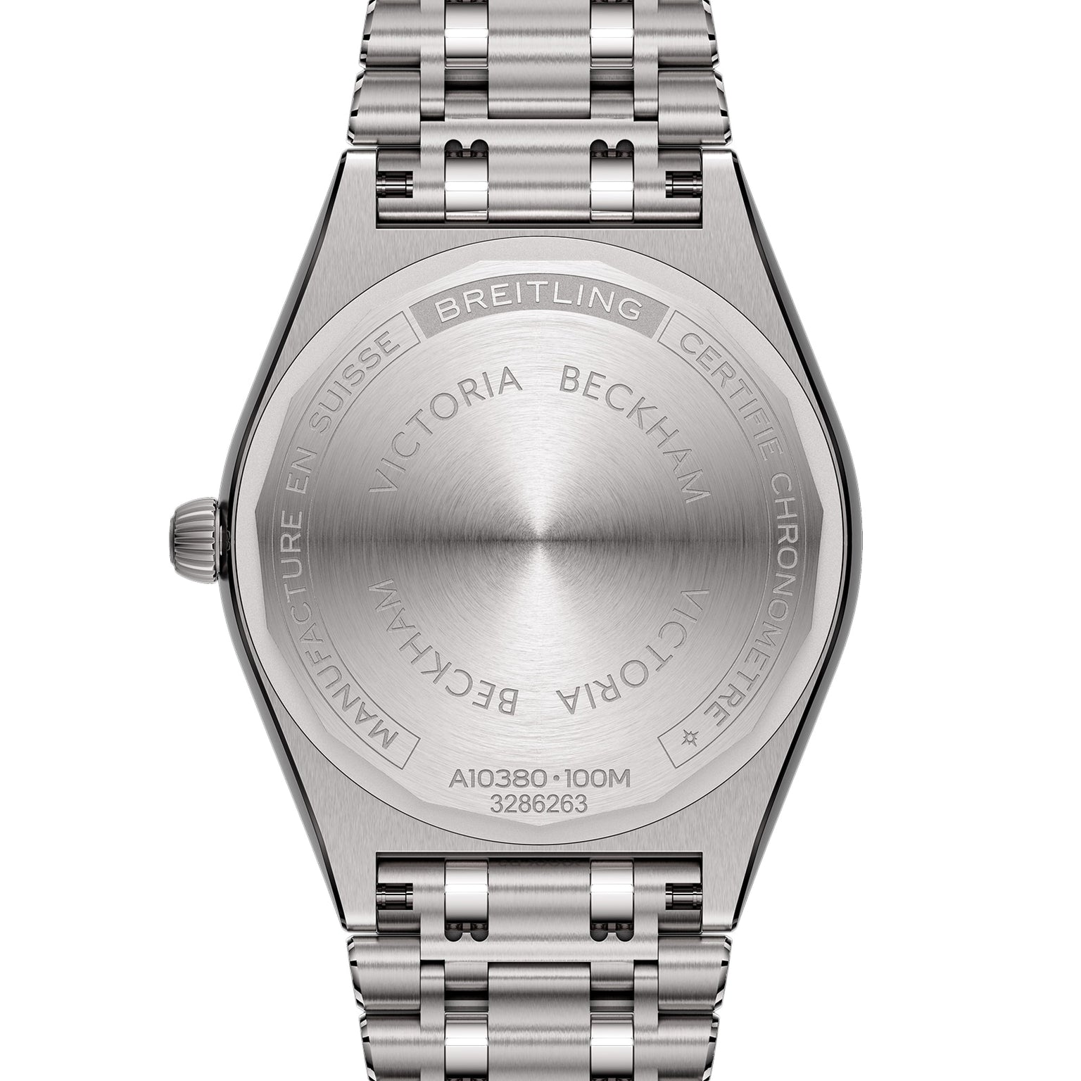 Close-up of the back of the Breitling Chronomat Automatic 36 Victoria Beckham, engraved with VICTORIA BECKHAM and highlighting exclusive details of their collaboration on a sleek metal bracelet.