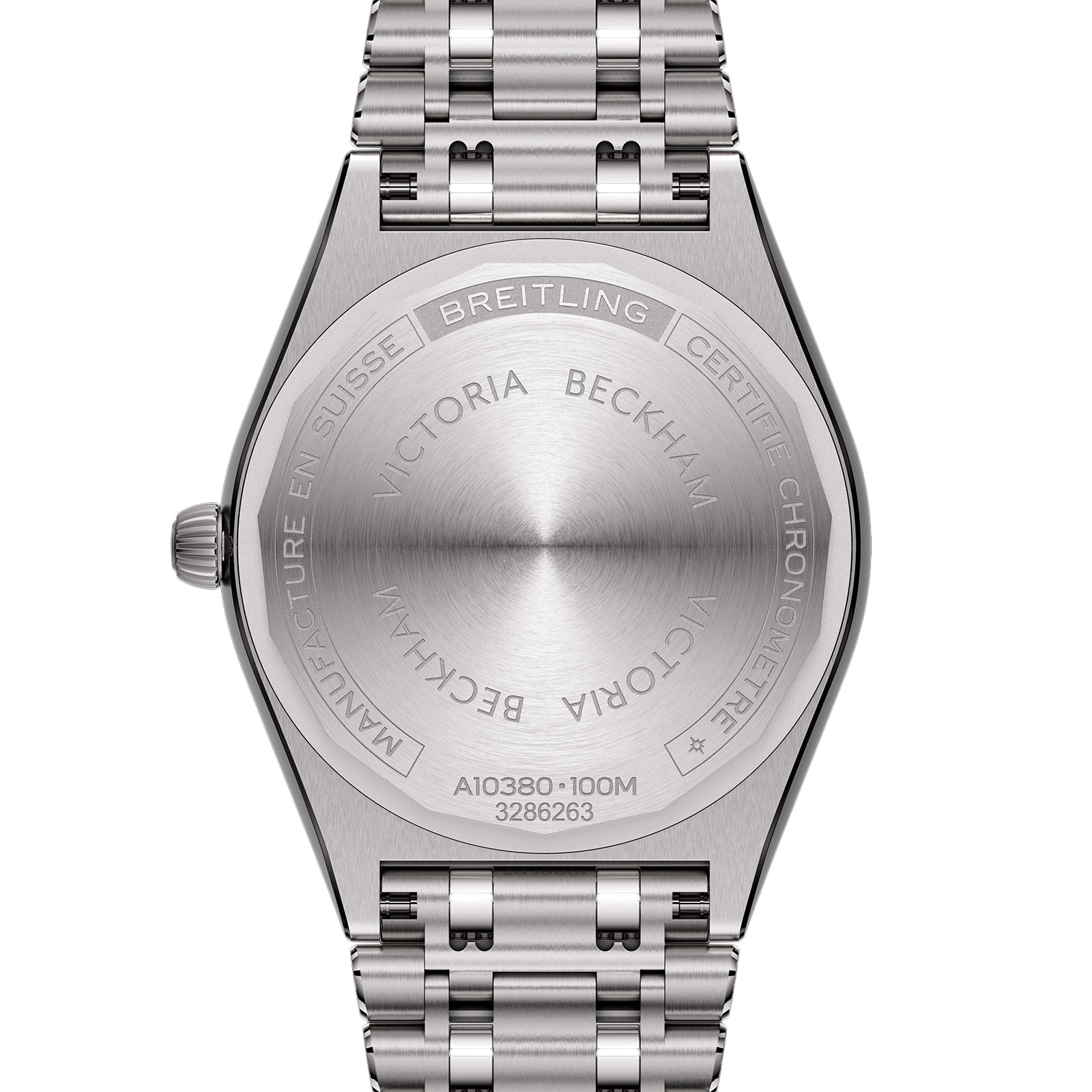 Close-up of the back of the Breitling Chronomat Automatic 36 Victoria Beckham, engraved with VICTORIA BECKHAM and highlighting exclusive details of their collaboration on a sleek metal bracelet.