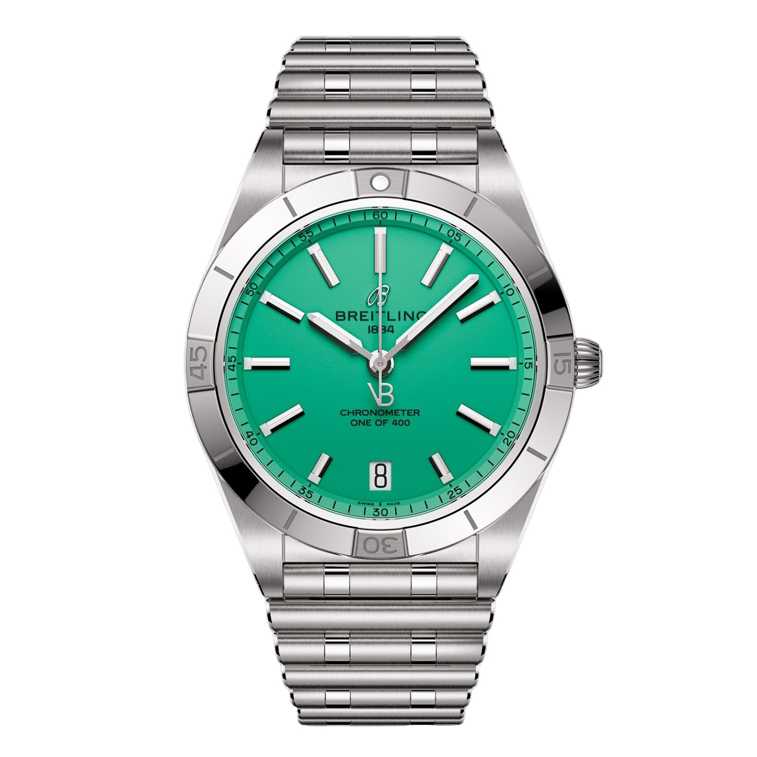 A Breitling Chronomat Automatic 36 Victoria Beckham watch with a silver case, green dial, and metal bracelet, displaying the time 10:08.