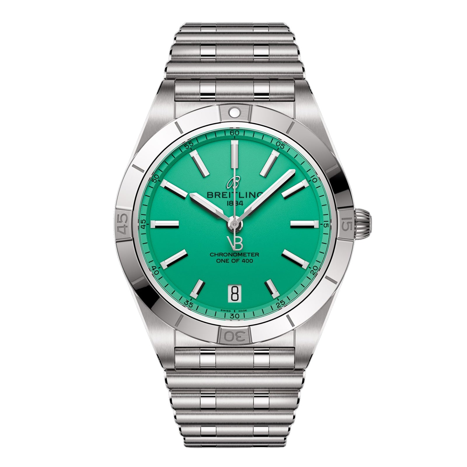 A Breitling Chronomat Automatic 36 Victoria Beckham watch with a silver case, green dial, and metal bracelet, displaying the time 10:08.