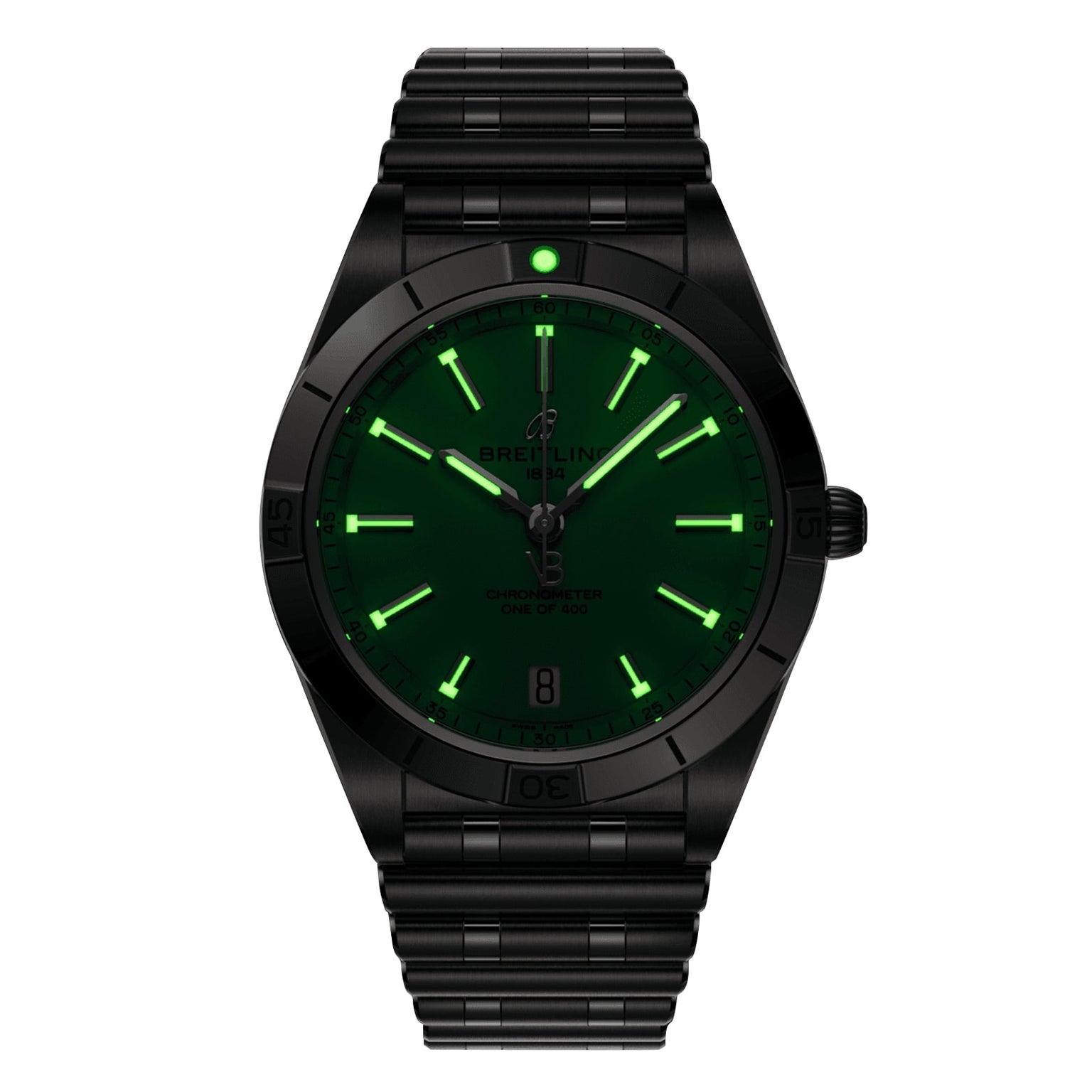 The Breitling Chronomat Automatic 36 Victoria Beckham wristwatch features glowing green hands and markers on a black metal bracelet, displayed against a white background.