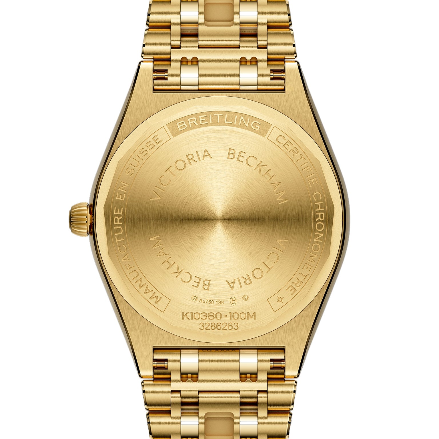 Close-up of the back of the limited edition Breitling Chronomat Automatic 36 Victoria Beckham watch, showing special engravings from the exclusive collaboration, including “Victoria Beckham,” serial numbers, and certification details.