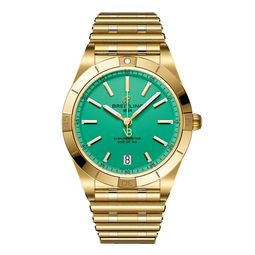 The Breitling Chronomat Automatic 36 Victoria Beckham features a gold case, turquoise dial, gold markers and hands, date at 6 o’clock, metal bracelet, and is a limited edition collaboration. Dial: Breitling 1884 Chronometer One of 100.