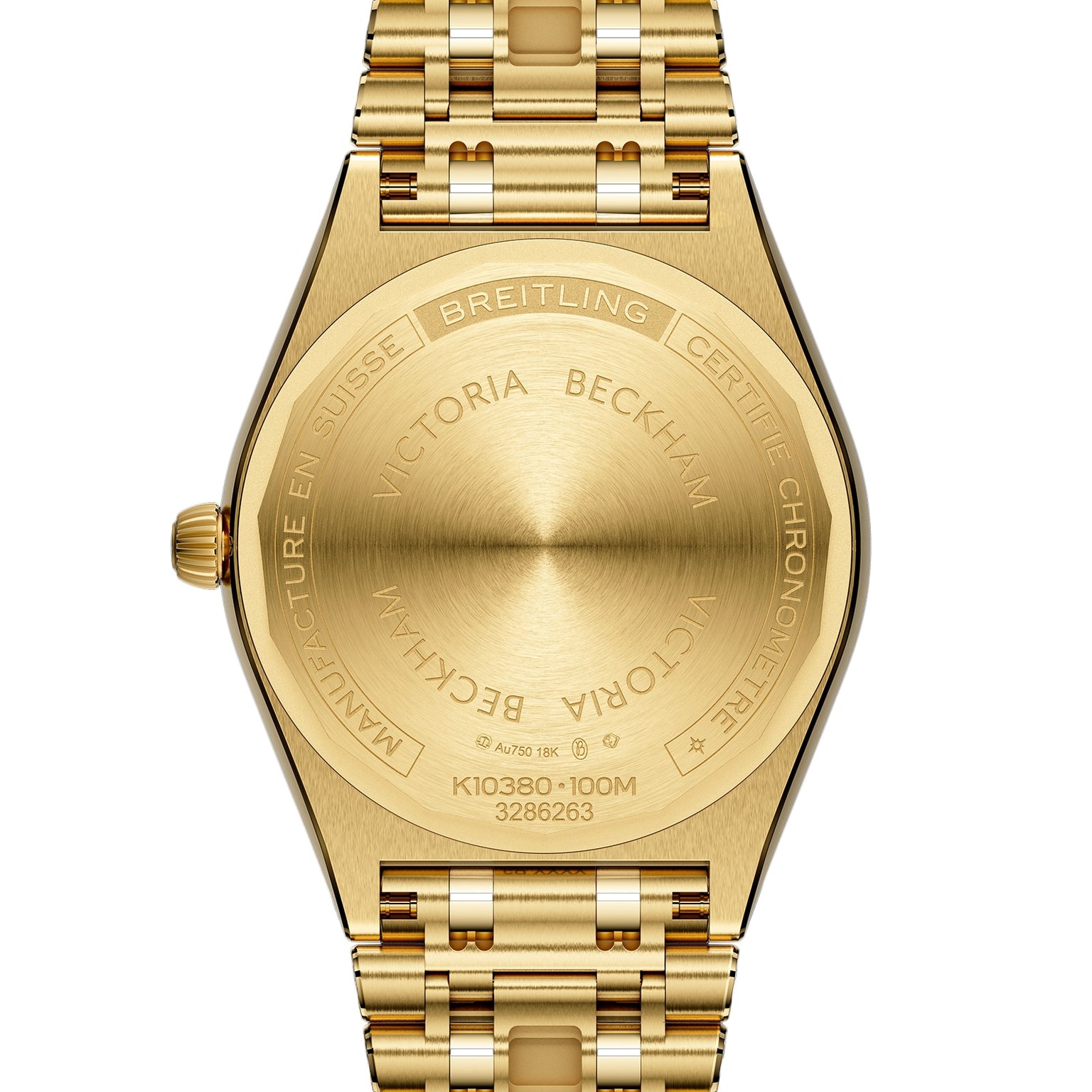 Close-up of the back of the limited edition Breitling Chronomat Automatic 36 Victoria Beckham watch, engraved with Victoria Beckham and detailed specifications.