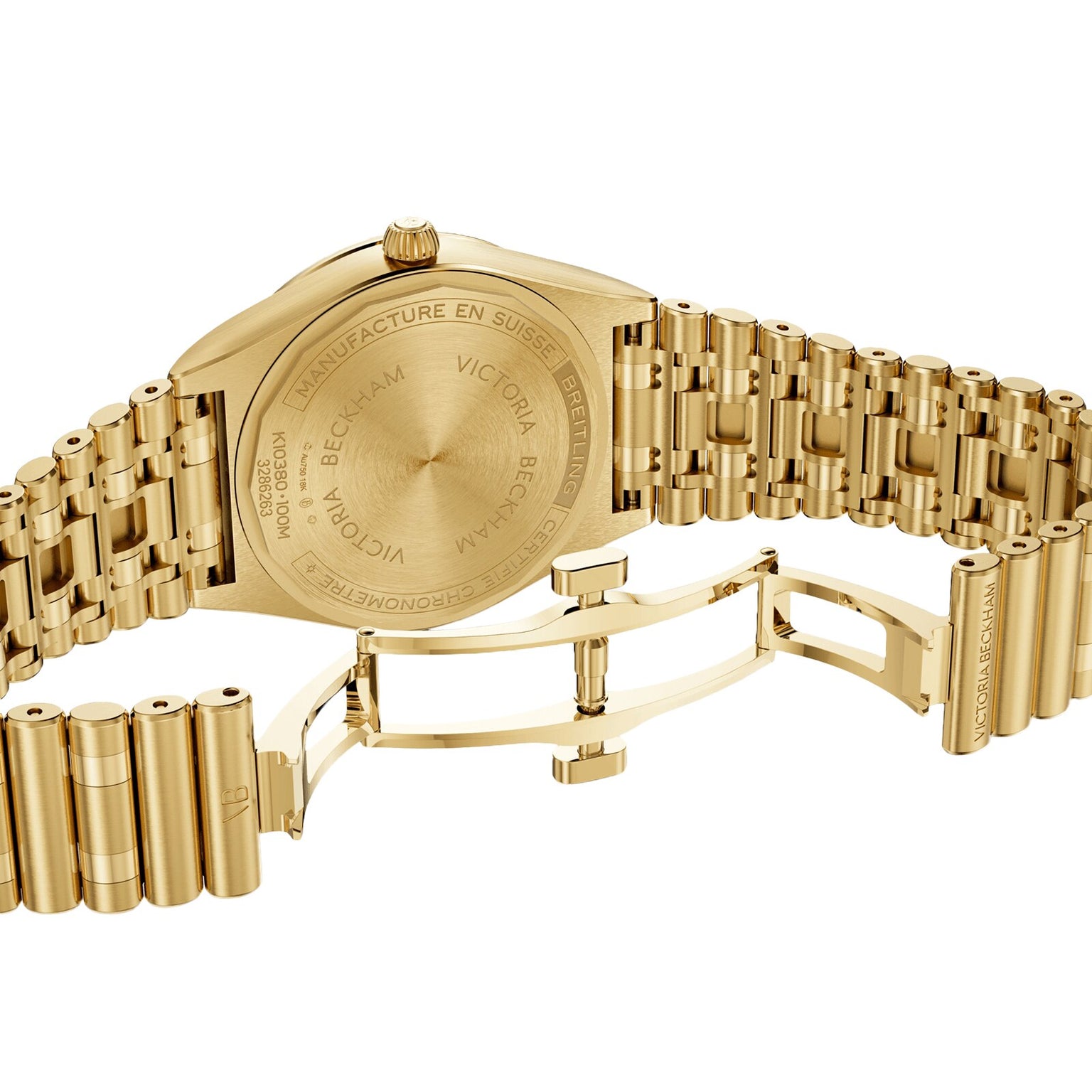 Close-up of the back of the limited edition Breitling Chronomat Automatic 36 Victoria Beckham, featuring an engraved case and open link bracelet clasp.