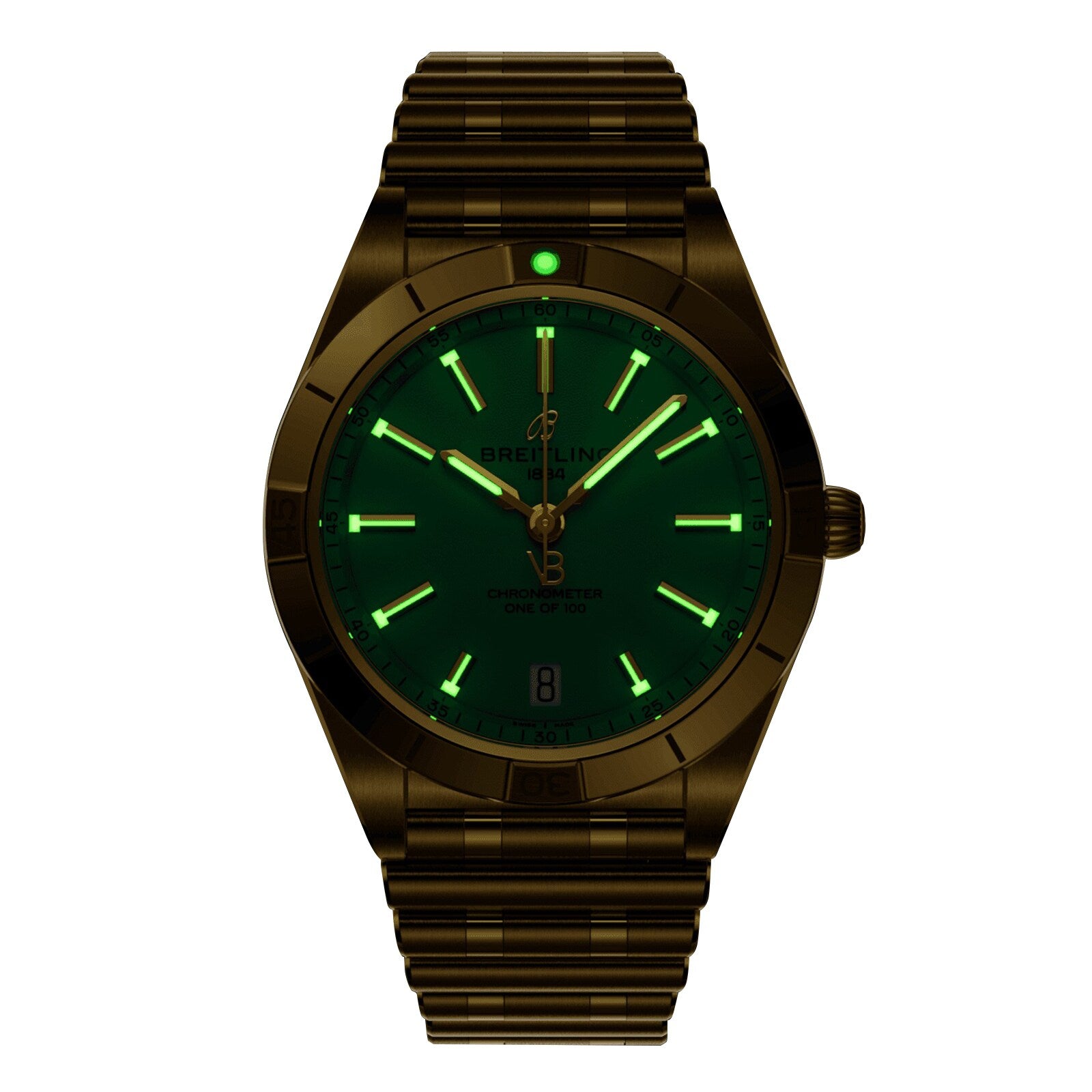 The Breitling Chronomat Automatic 36 Victoria Beckham is a limited edition wristwatch with a gold metal band and case, green dial, luminous markers and hands, and a date display at 6 o’clock.