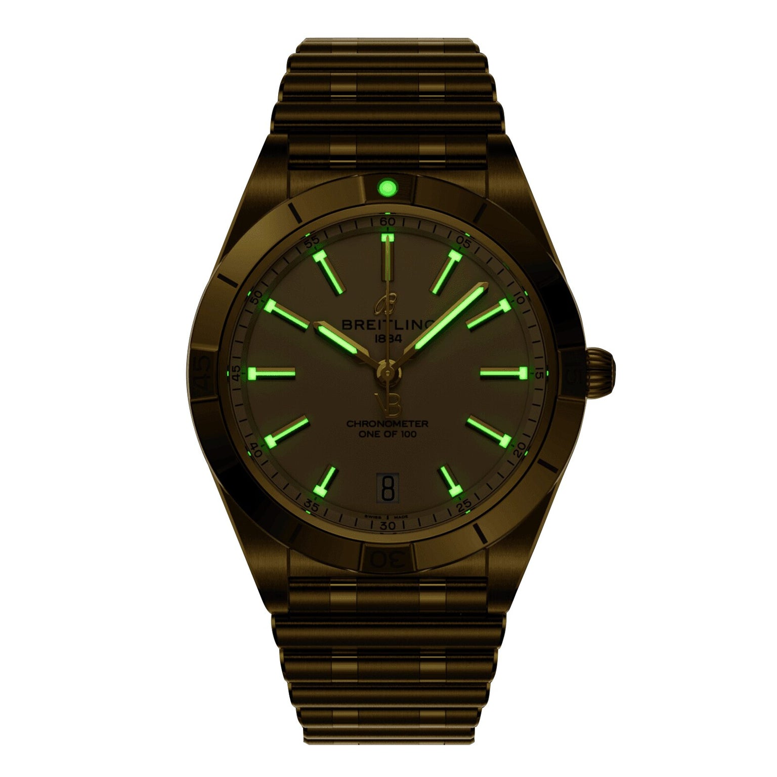 The Breitling Chronomat Automatic 36 Victoria Beckham has a metal band, glowing green hour markers and hands on a dark face, with the Breitling name visible.