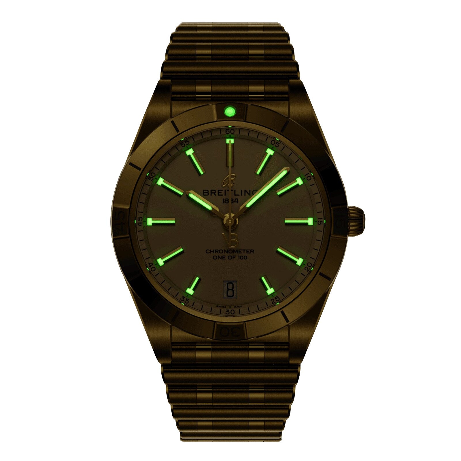 The Breitling Chronomat Automatic 36 Victoria Beckham has a metal band, glowing green hour markers and hands on a dark face, with the Breitling name visible.