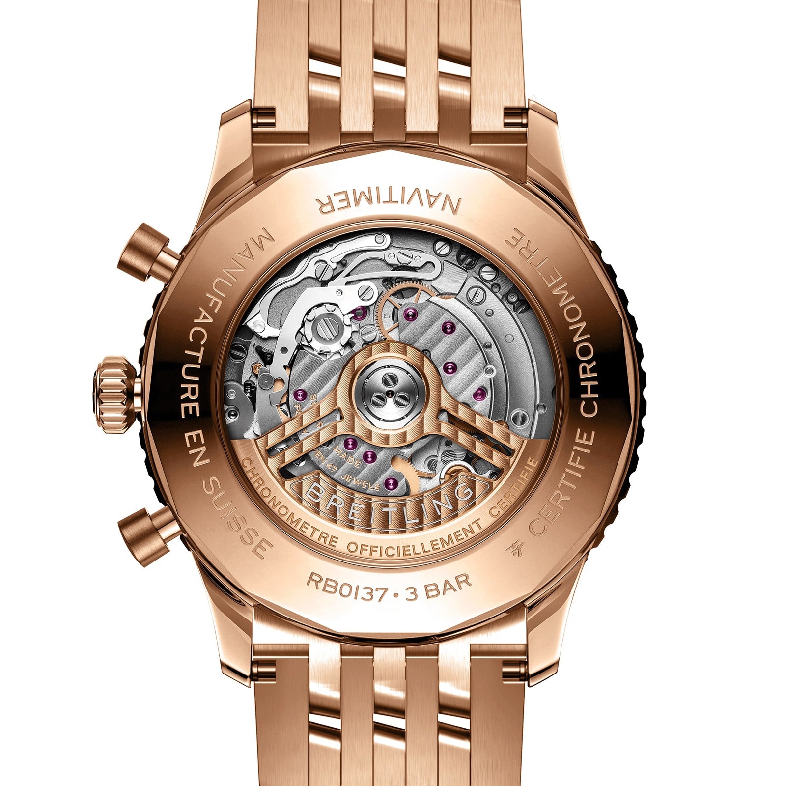 Close-up of the Breitling Navitimer B01 Chronograph 46, highlighting its detailed Breitling 01 movement and engraved gold case with technical specs.