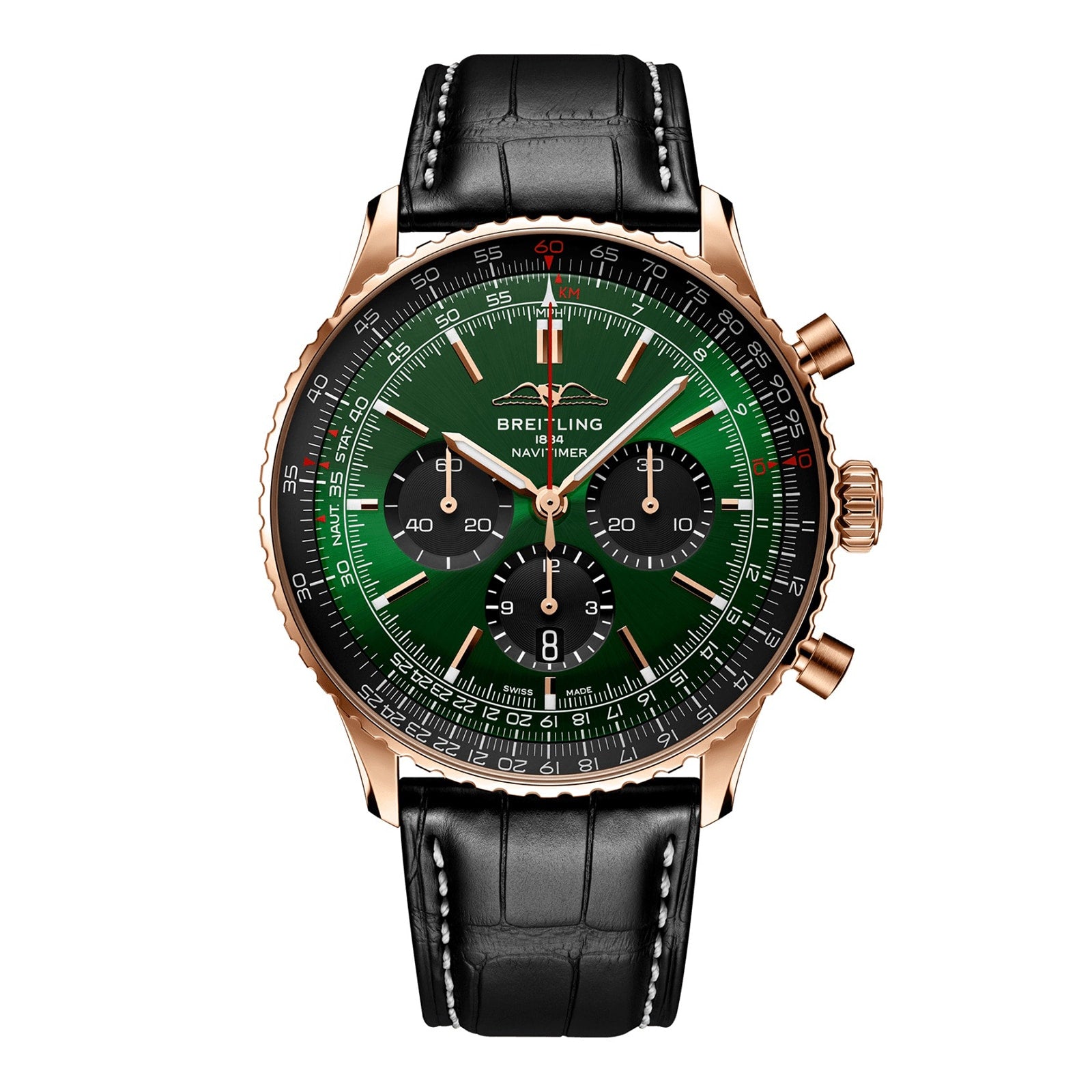 The Breitling Navitimer B01 Chronograph 46 features a green dial, black subdials, a rose gold case, and a black leather strap with white stitching.