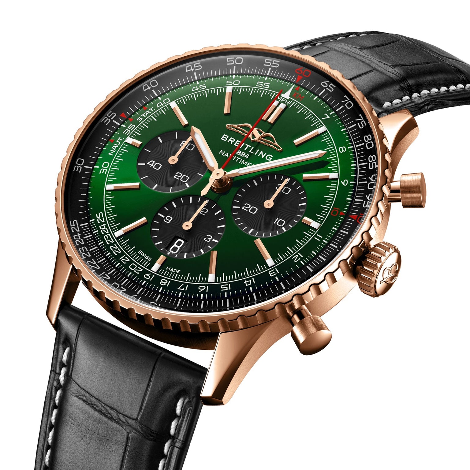 A Breitling Navitimer B01 Chronograph 46 with a green dial, gold case, black subdials, and a black leather strap with white stitching, shown against a white background.
