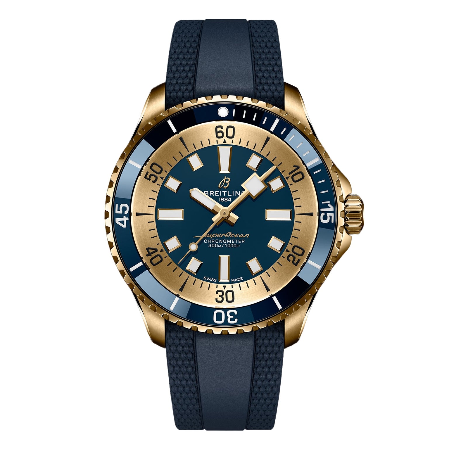 The Breitling Superocean Automatic 44 is a gold and blue dive watch featuring a blue rubber strap and a rotating bezel.