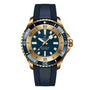 The Breitling Superocean Automatic 44 is a gold and blue dive watch featuring a blue rubber strap and a rotating bezel.