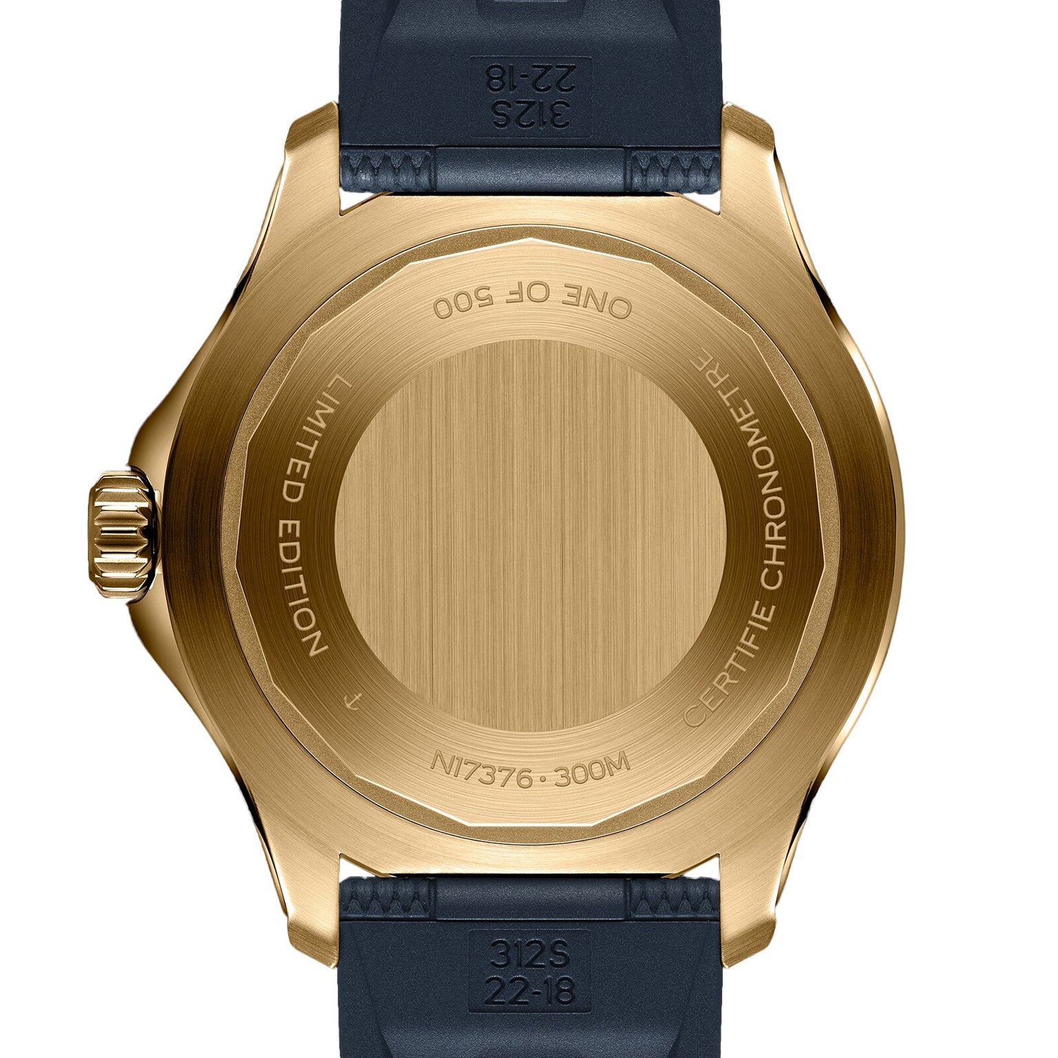 The Breitling Superocean Automatic 44 features a gold case back with limited edition and certification engravings, paired with a dark strap.