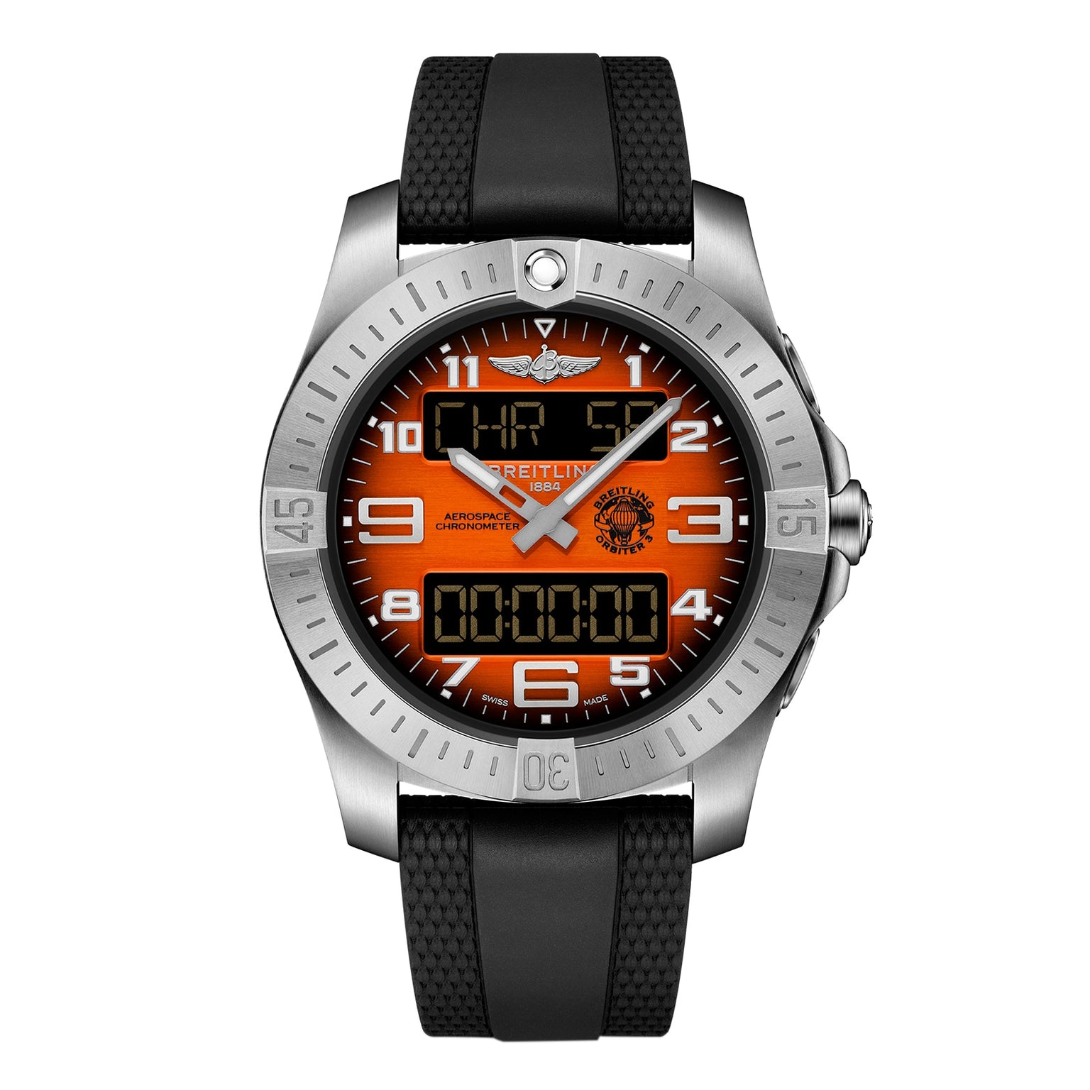 The Breitling Aerospace B70 Orbiter is a stainless steel wristwatch featuring an orange analog-digital display with white numerals and a black rubber strap, blending aviation heritage with multifunctional design.