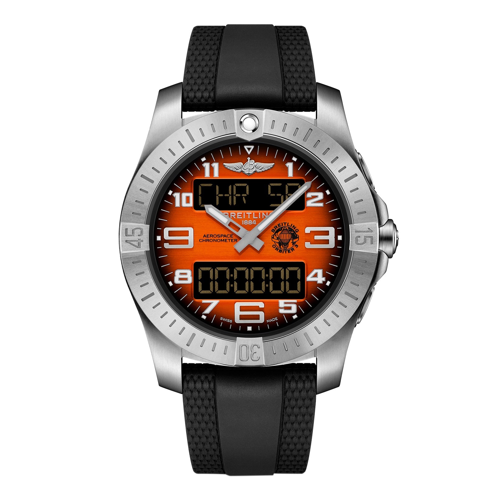 The Breitling Aerospace B70 Orbiter is a stainless steel wristwatch featuring an orange analog-digital display with white numerals and a black rubber strap, blending aviation heritage with multifunctional design.
