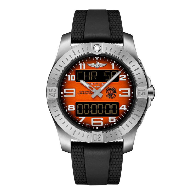 The Breitling Aerospace B70 Orbiter is a stainless steel wristwatch featuring an orange analog-digital display with white numerals and a black rubber strap, blending aviation heritage with multifunctional design.