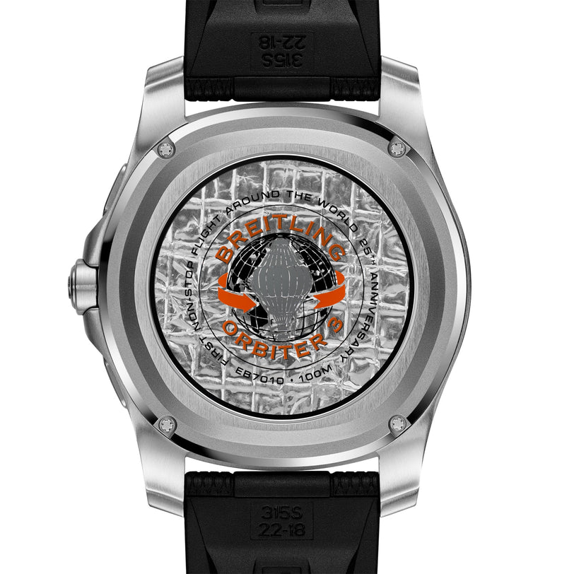 Back view of the Breitling Aerospace B70 Orbiter showcasing its aviation legacy with a globe-engraved caseback, intricate text details, and black rubber straps.