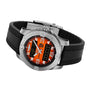 The Breitling Aerospace B70 Orbiter is a stainless steel wristwatch with a bright orange analog-digital dial, black strap, and white hour markers, shown at an angle on a white background.