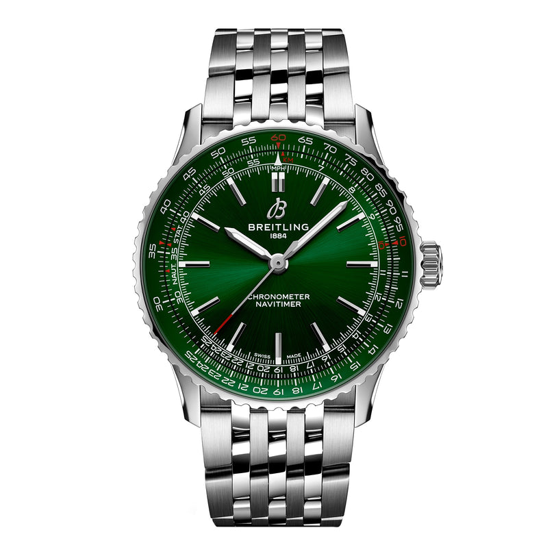 The Breitling Navitimer Automatic 41 features a striking green dial, silver hands, white hour markers, stainless steel case, and a classic metal link bracelet.
