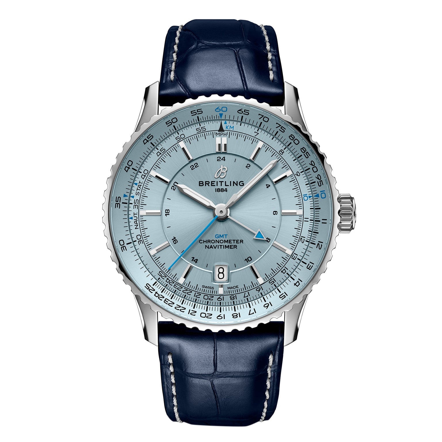 The Breitling Navitimer Automatic GMT 41 features a light blue dial, 41mm stainless steel case, blue leather strap, date at 6 o’clock, and a silver bezel with multiple scales and markers.