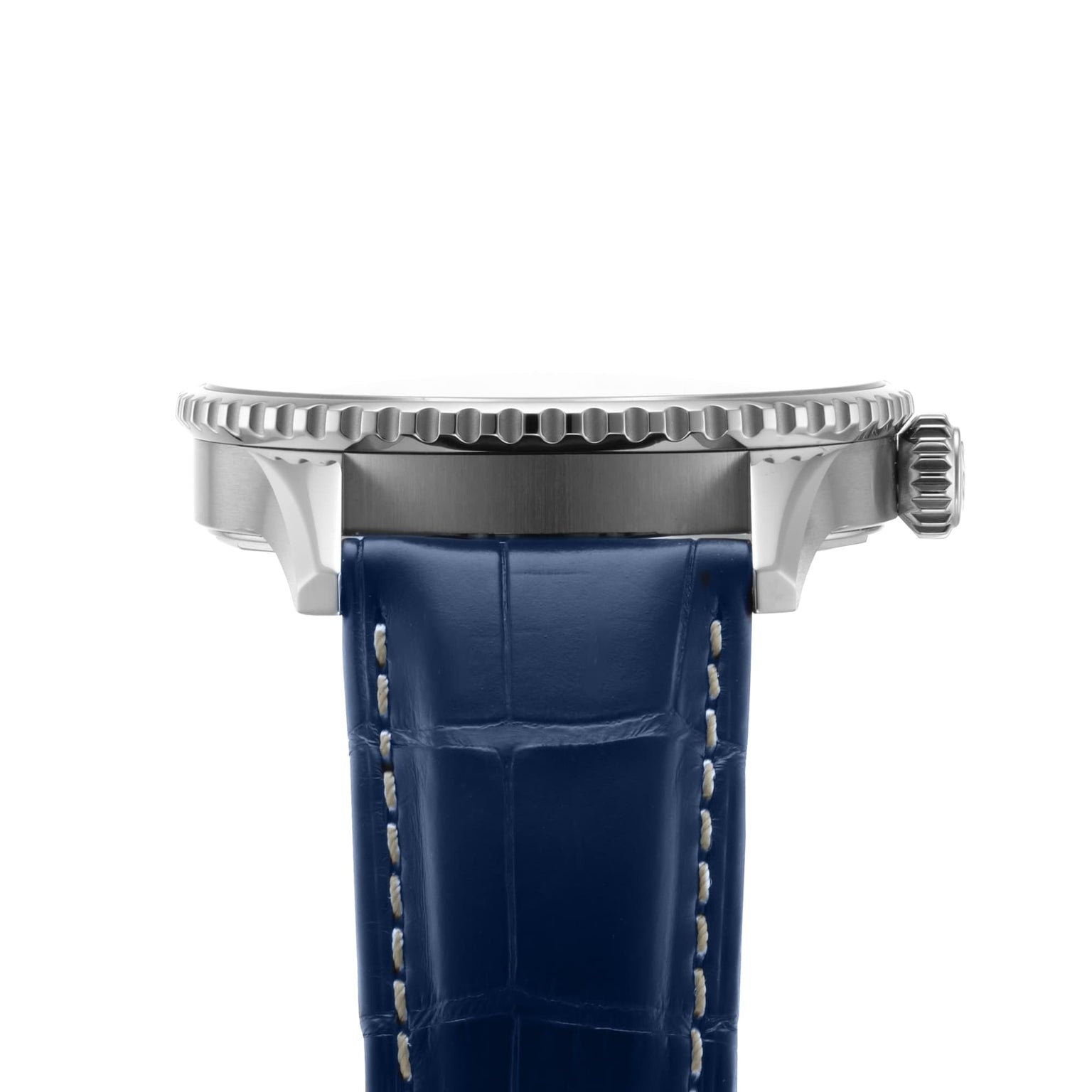 Side view of the Breitling Navitimer Automatic GMT 41, featuring a 41mm stainless steel case with a textured bezel and crown, paired with a blue leather strap accented by white stitching.