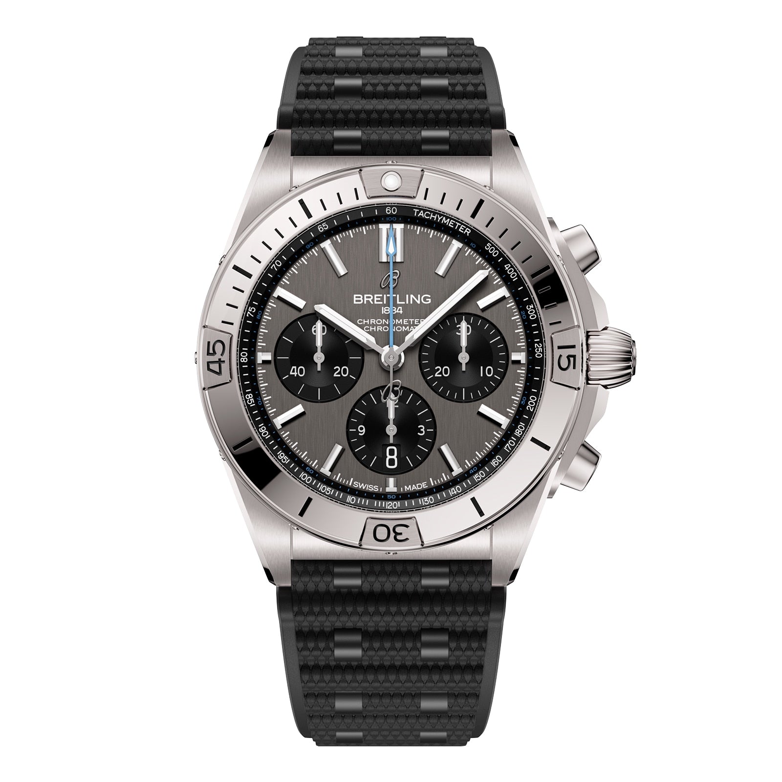 The Breitling Chronomat B01 42 is a stainless steel chronograph watch with a black textured strap, black dial, three subdials, tachymeter bezel, and features the precision of the Breitling 01 calibre.