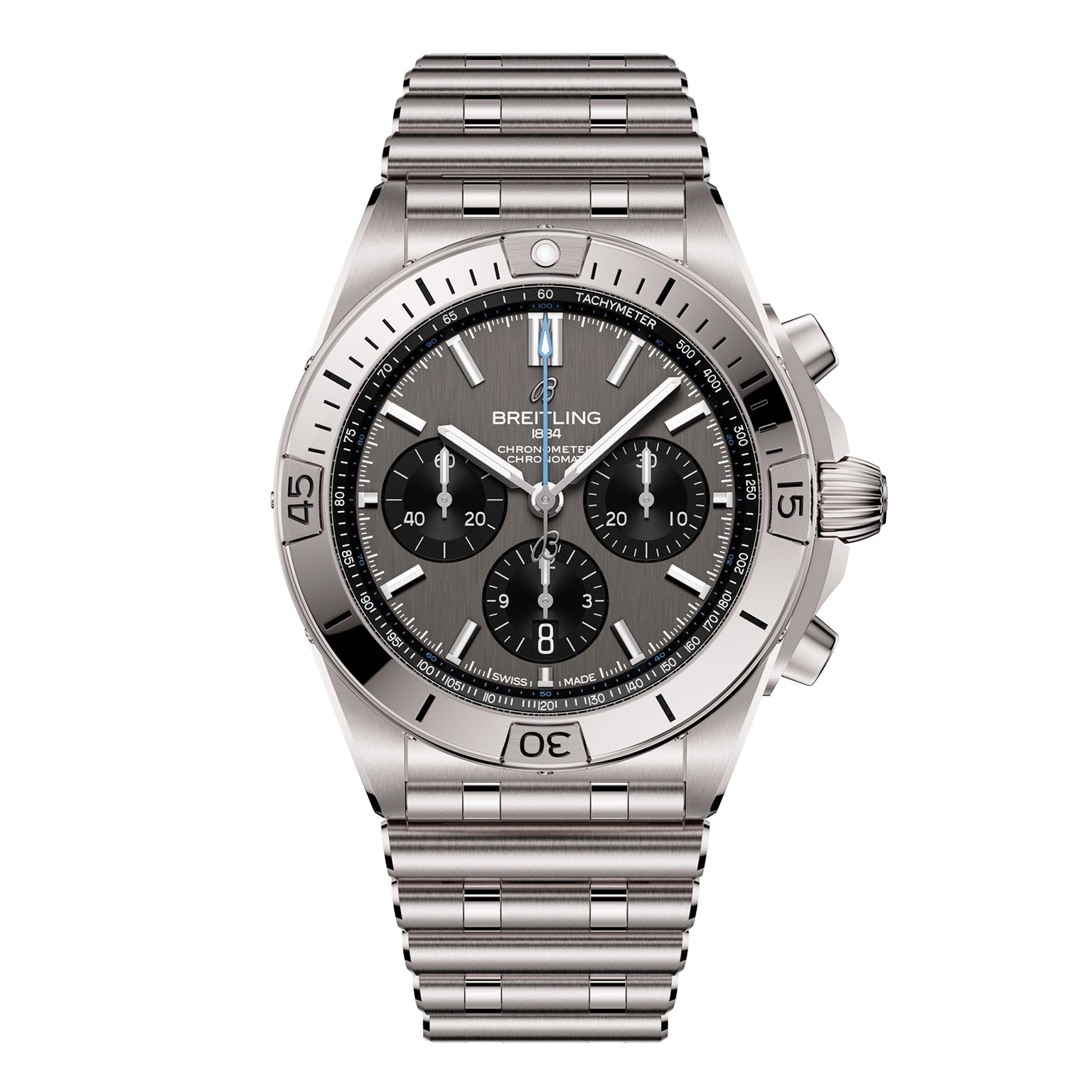 The Breitling Chronomat B01 42 is a stainless steel chronograph featuring a silver bracelet, black dial with three subdials, tachymeter bezel, and the precise Breitling 01 calibre.