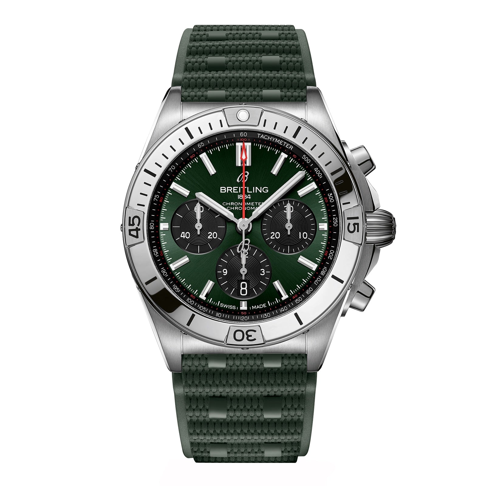 The Breitling Chronomat B01 42 is a stainless steel chronograph watch with a green dial, three subdials, tachymeter scale, textured green rubber strap, and is powered by the Breitling Manufacture 01 calibre movement.
