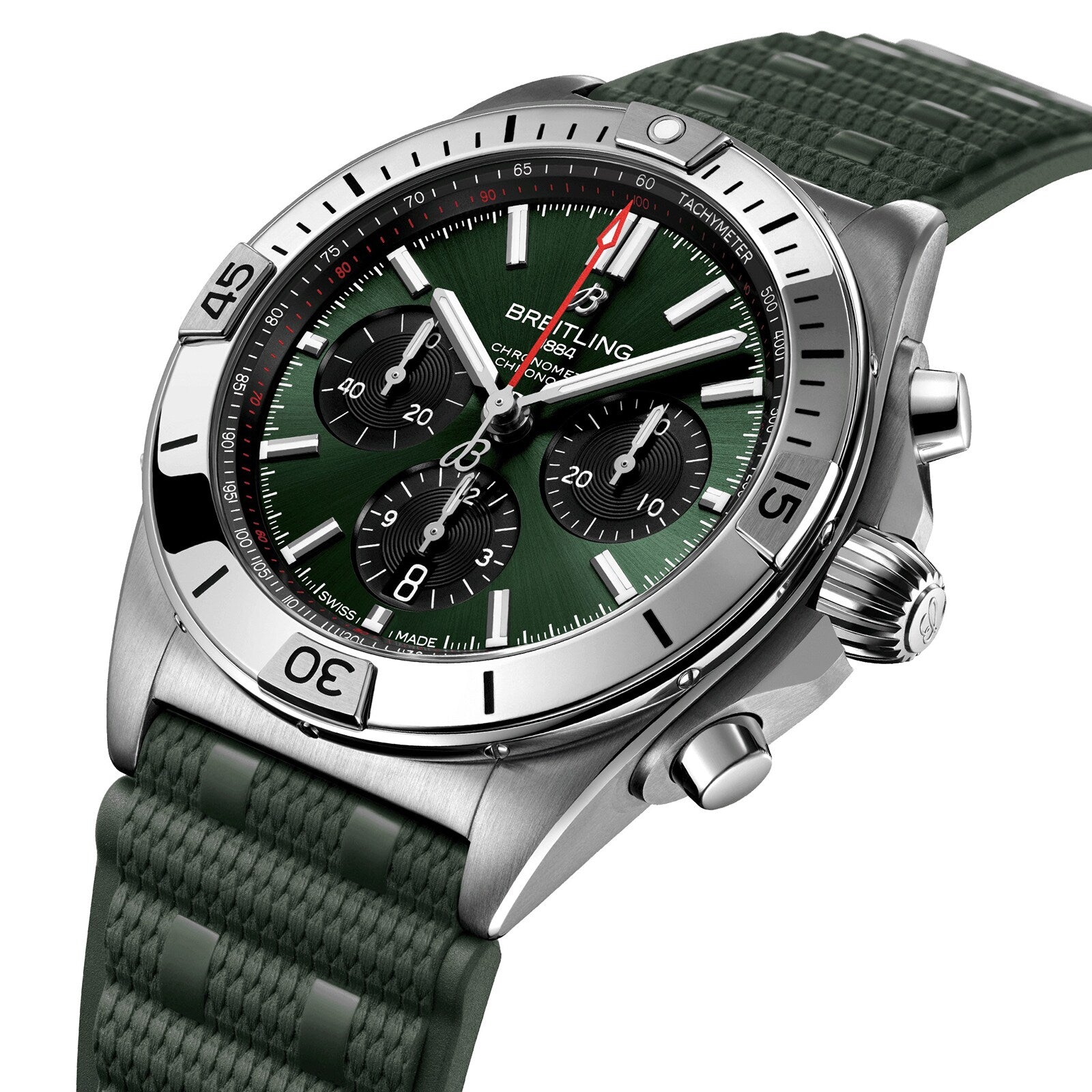 The Breitling Chronomat B01 42 is a stainless steel chronograph watch with a green dial, three sub-dials, silver hour markers, and a textured green rubber strap, powered by the Breitling Manufacture 01 calibre.