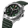 The Breitling Chronomat B01 42 is a stainless steel chronograph watch with a green dial, three sub-dials, silver hour markers, and a textured green rubber strap, powered by the Breitling Manufacture 01 calibre.