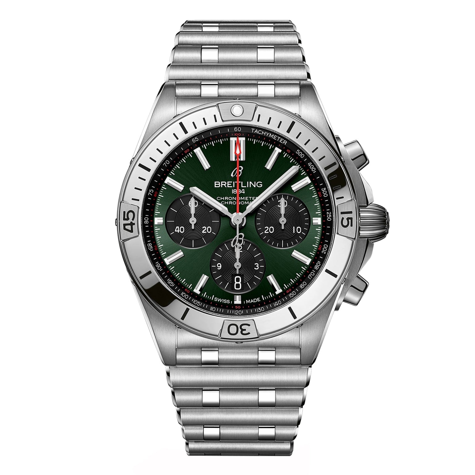 The Breitling Chronomat B01 42 is a stainless steel chronograph wristwatch with a green dial, three subdials, a tachymeter scale, the signature Rouleaux bracelet, and is powered by the Breitling 01 calibre.