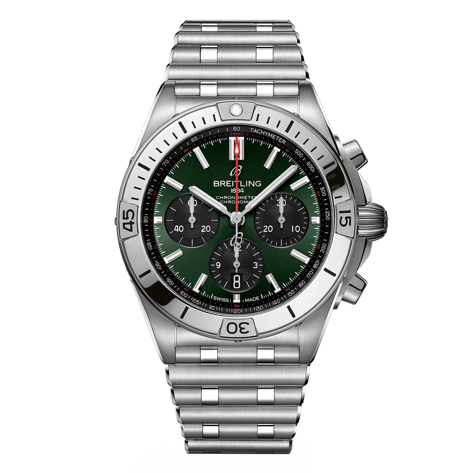 The Breitling Chronomat B01 42 is a stainless steel chronograph wristwatch with a green dial, three subdials, a tachymeter scale, the signature Rouleaux bracelet, and is powered by the Breitling 01 calibre.
