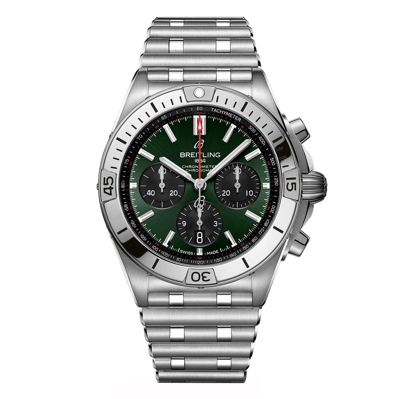 The Breitling Chronomat B01 42 is a stainless steel chronograph wristwatch with a green dial, three subdials, a tachymeter scale, the signature Rouleaux bracelet, and is powered by the Breitling 01 calibre.