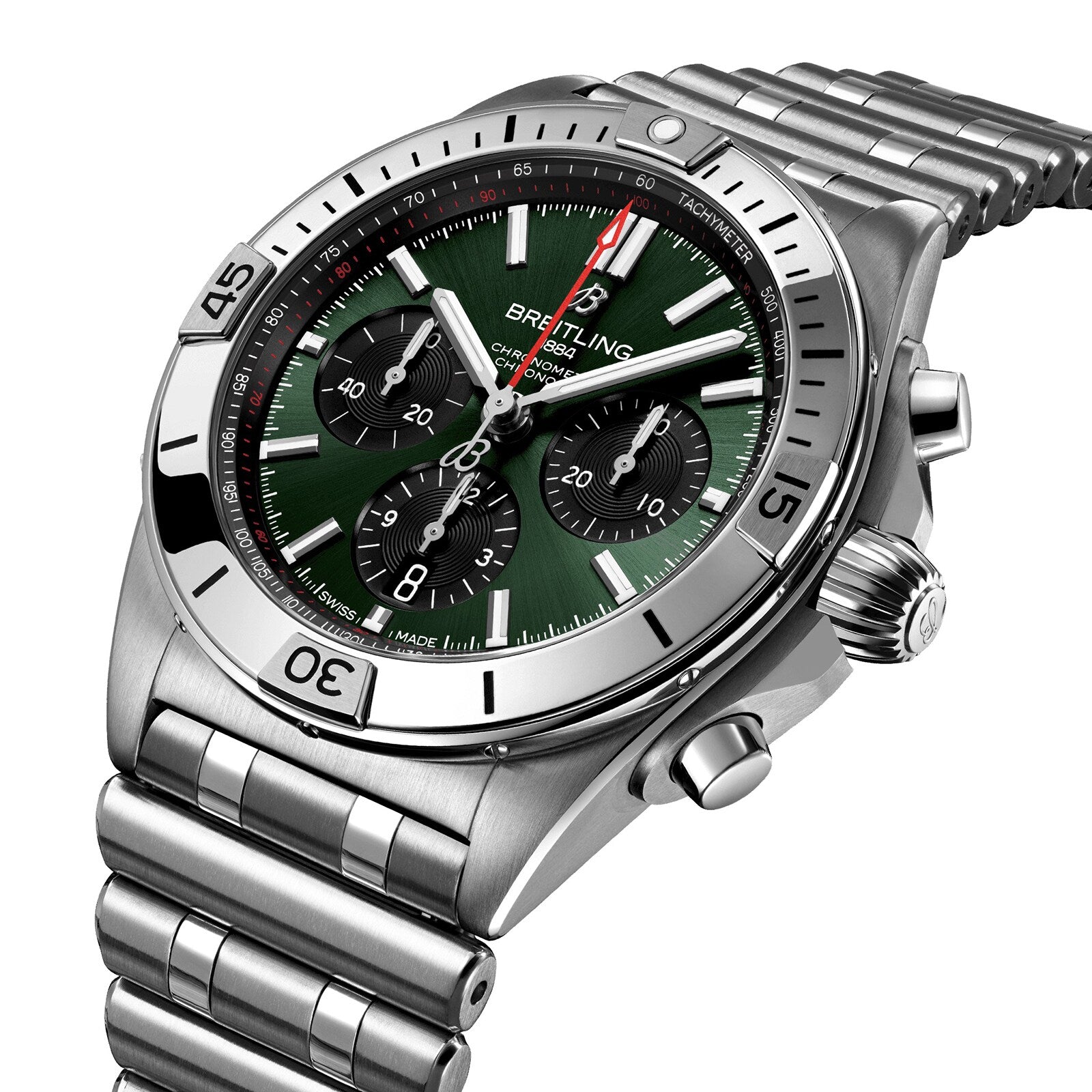 The Breitling Chronomat B01 42 is a stainless steel chronograph watch featuring a green dial, three black subdials, a tachymeter bezel, and the signature Rouleaux bracelet.